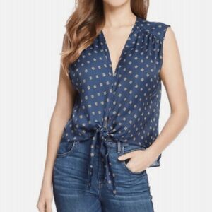 Free People Printed Tie Front Sleeveless V Neck Blouse Top Women's Blue